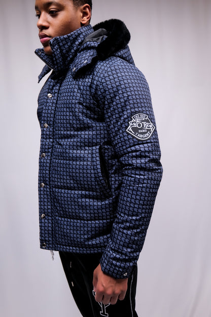 BLACK AND BLUE OT EMBLEM PATTERN JACKET