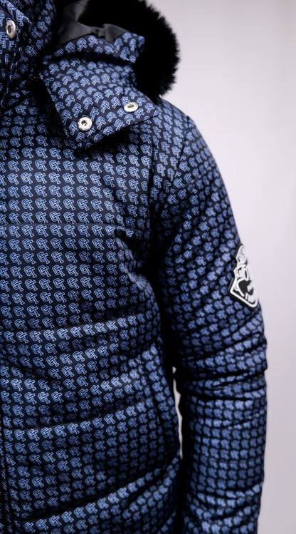 BLACK AND BLUE OT EMBLEM PATTERN JACKET